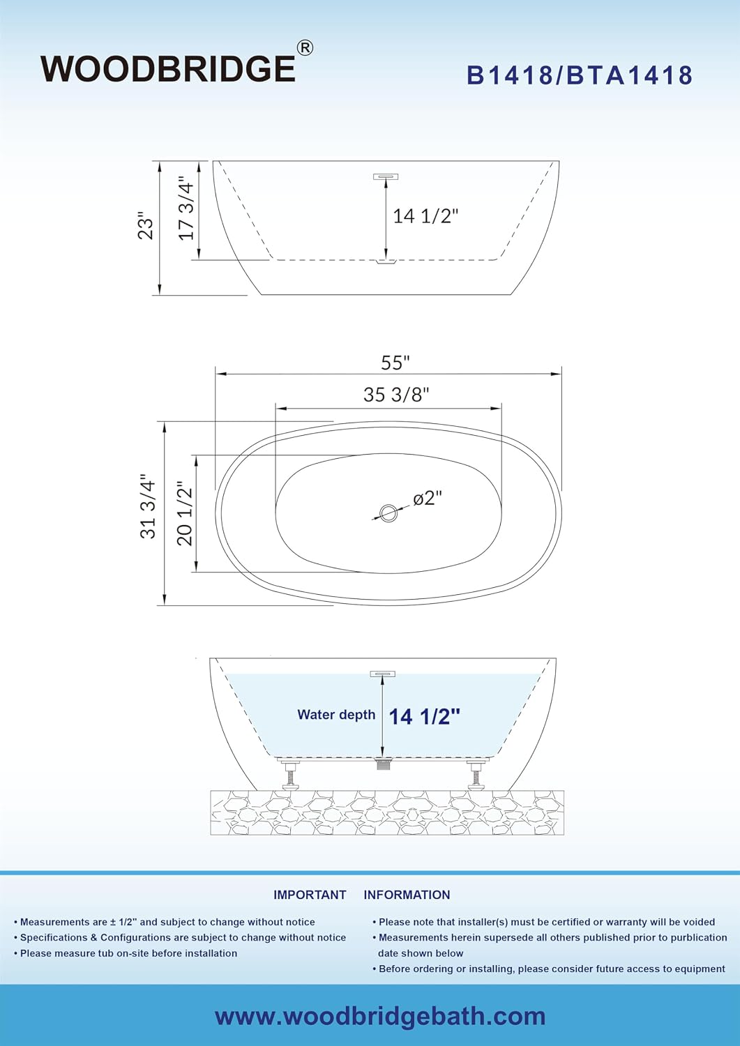 WOODBRIDGE 55' Acrylic Freestanding Bathtub Contemporary Soaking White Tub with Brushed Gold Overflow and Drain,B1418-BG