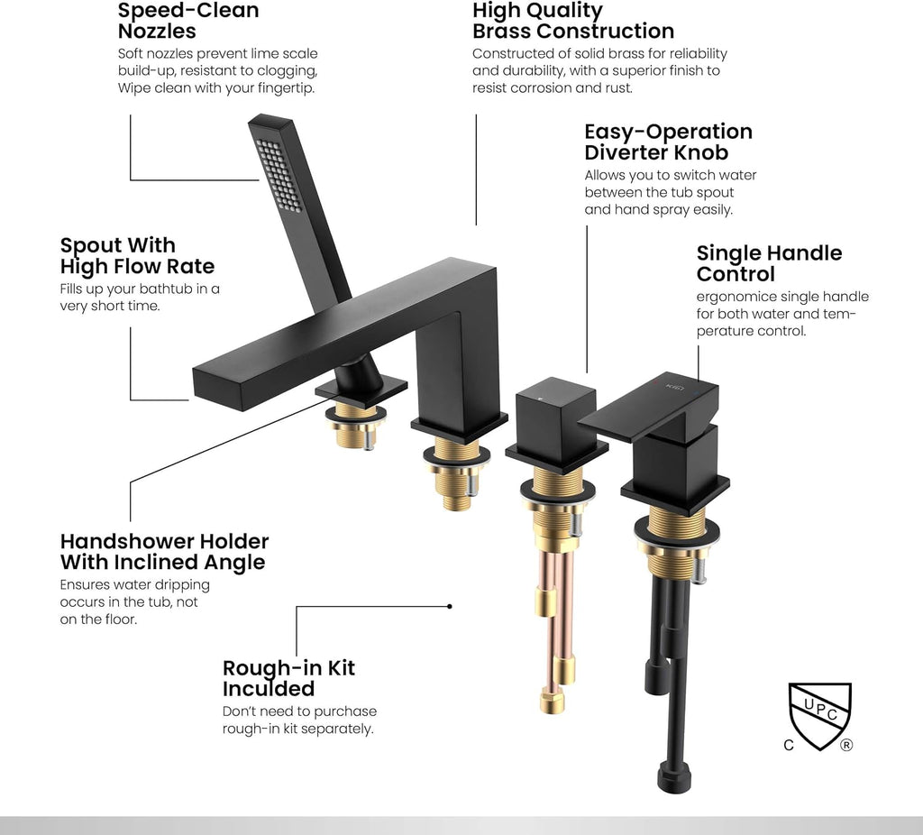 KIBI Cube Roman Single Handle Tub Faucet with Hand Shower | Deck Mount Bathtub Filler Set in Matte Black | Solid Brass Body Bathtub Faucet with Easy Diverter, Pull-Out Spray & 60' Hose (KTF3102MB)