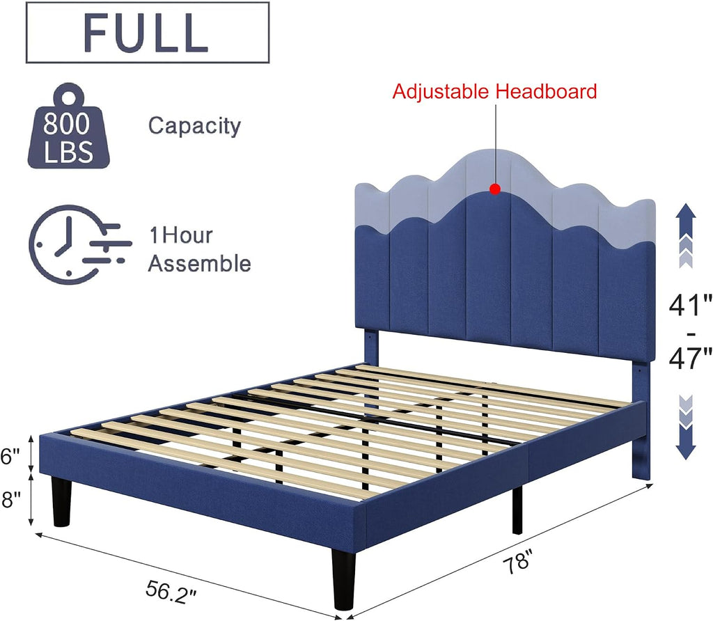 VECELO Full Size Upholstered Platform Bed Frame with Adjustable Headboard, Wood Slat Support and Noise-Free, No Box Spring Needed, Easy Assembly, Dark&Blue