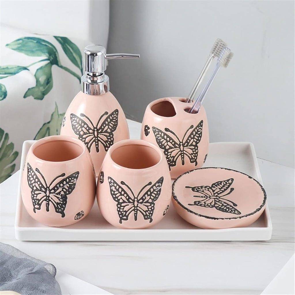 Soap Dispenser/Dispenser for Handwashing Fluid Bathroom Accessories Set 6 Pieces Includes Soap Dispenser Toothbrush Holder Tumbler Soap Dish and Tray,(Pink)