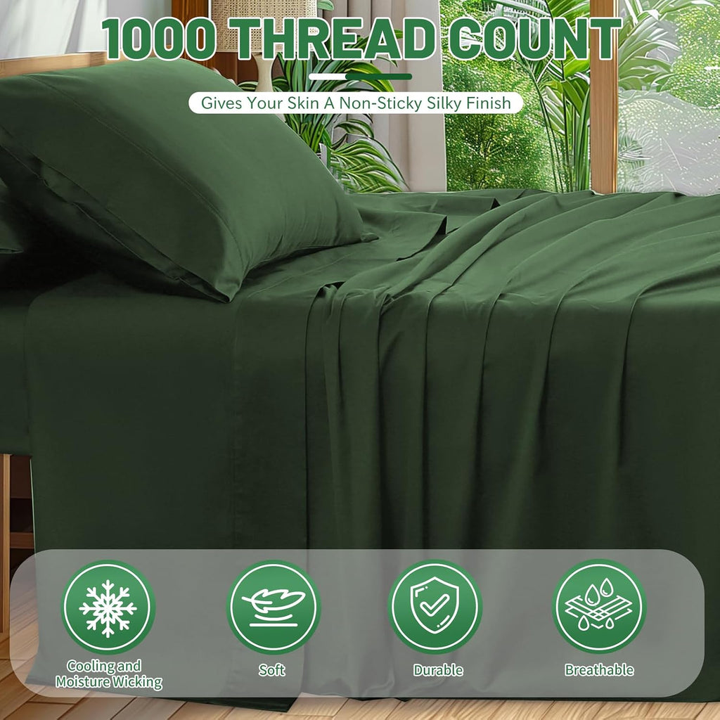 100% Egyptian Cotton Sheets Cal King Sheet Set 4PCS 1000 Thread Count Sateen Weave Soft Breathable 16-Inch Deep Pocket（California King,Forest Green）