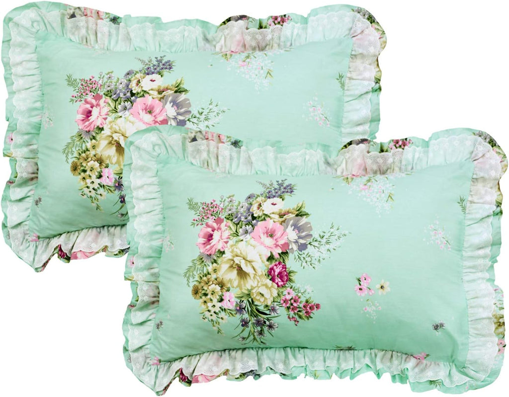 FADFAY Shabby Green Floral Bedding 100% Cotton Princess Lace Ruffle Girls Duvet Cover Set with Bedskirt, 4Pcs, Queen Size
