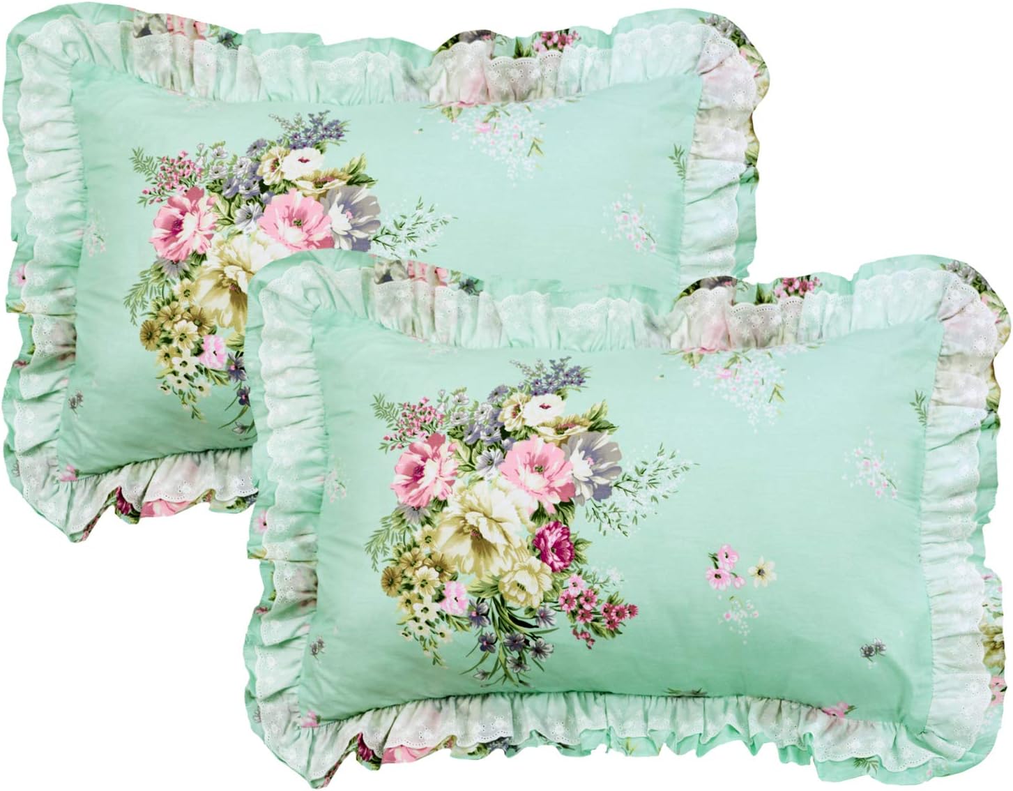FADFAY Shabby Green Floral Bedding 100% Cotton Princess Lace Ruffle Girls Duvet Cover Set with Bedskirt, 4Pcs, Queen Size