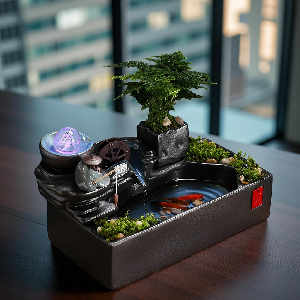 Zen Tabletop Fountain with LED Lights & Mist Maker - Indoor Waterfall Decor with Crystal Stones for Home, Office, Meditation Room - Relaxing Desktop Humidifier Gift (C Style)(C Style+Misting)
