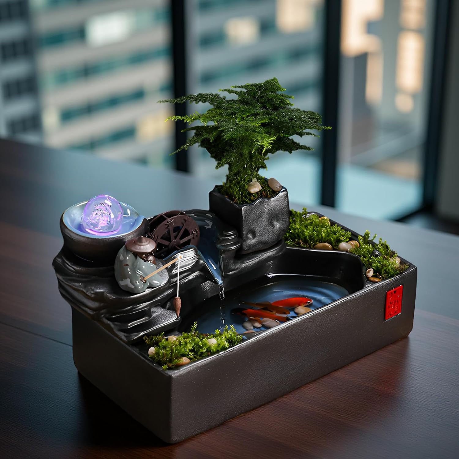 Zen Tabletop Fountain with LED Lights & Mist Maker - Indoor Waterfall Decor with Crystal Stones for Home, Office, Meditation Room - Relaxing Desktop Humidifier Gift (C Style)(C Style+Misting)