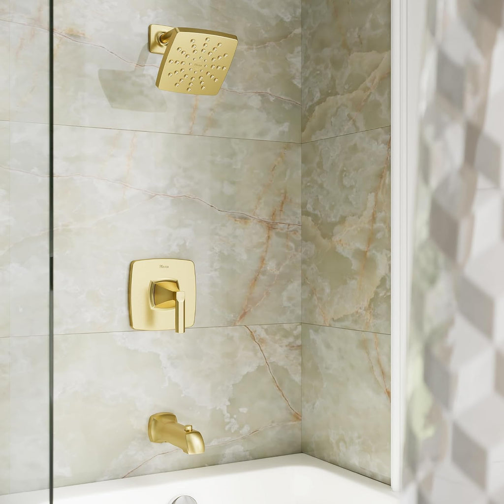 Pfister Vaneri Tub and Shower Faucet Set with Valve Single Handle Brushed Gold Finish Complete Trim Kit Push Button Diverter WaterSense Certified Bathroom Fixtures 8P8WS2VRISBG