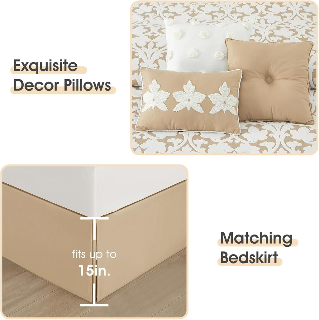 LANCO MODERN LIFESTYLE 7 Pieces Comforter Set, Queen, Khaki, Jacquard Floral Pattern and Classy Damask Medallion Design, Ultra Soft, Includes Bed Skirt, Shams, and Decorative Pillows