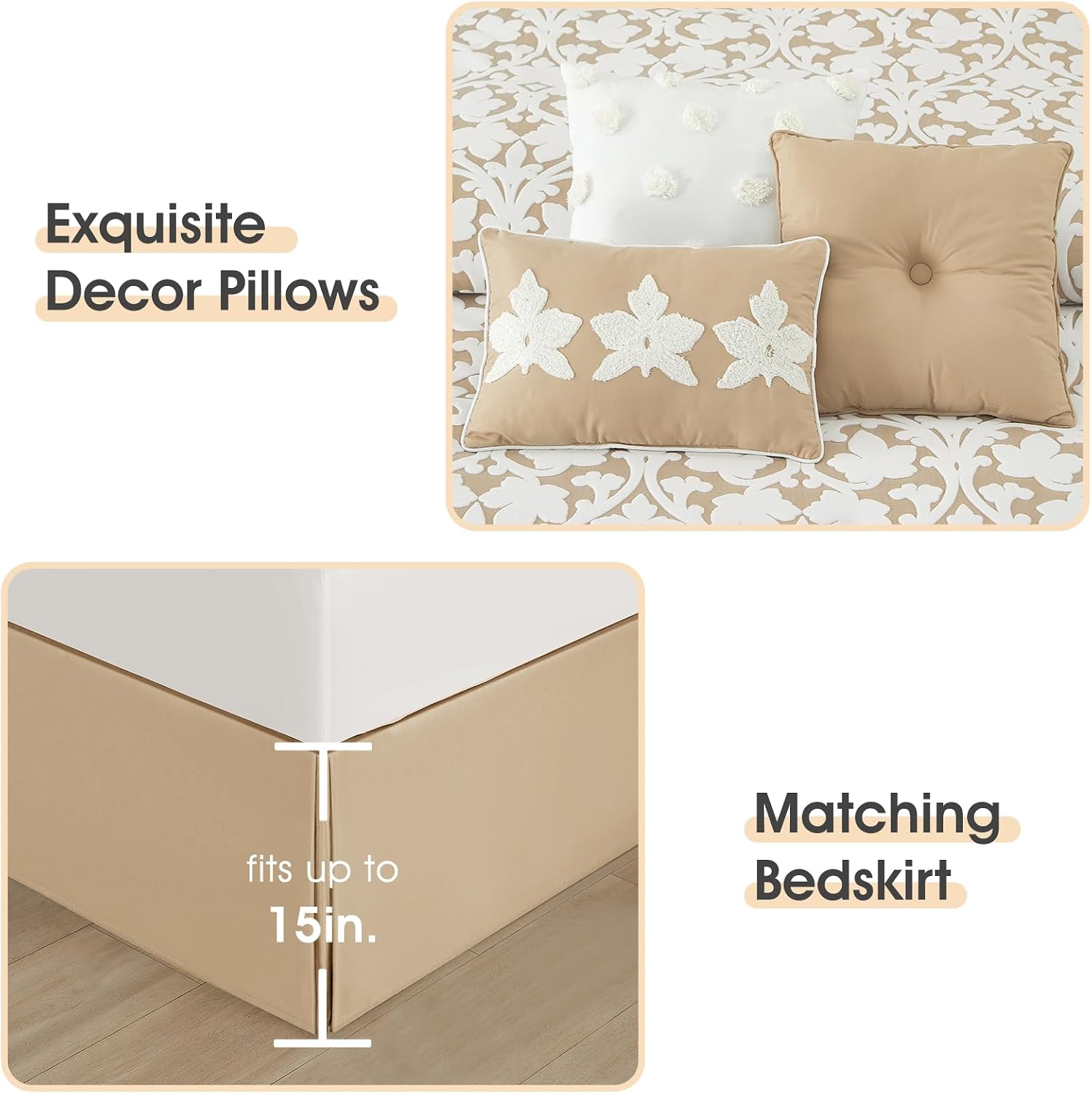 LANCO MODERN LIFESTYLE 7 Pieces Comforter Set, Queen, Khaki, Jacquard Floral Pattern and Classy Damask Medallion Design, Ultra Soft, Includes Bed Skirt, Shams, and Decorative Pillows