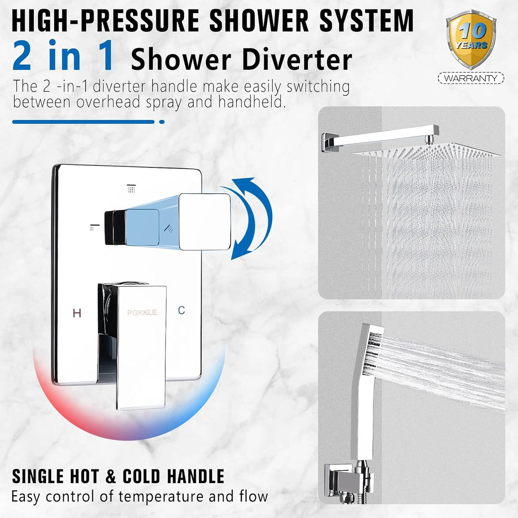 12 Inch Rainfall Shower System - Wall Mounted Complete Combo with Solid Brass Pressure Balancing Valve, High Pressure Shower Head, Handle Set & Installation Accessories Chrome