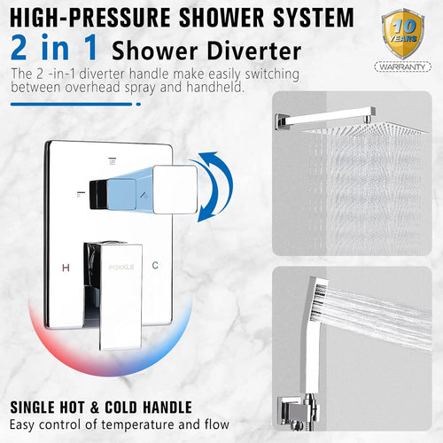 12 Inch Rainfall Shower System - Wall Mounted Complete Combo with Solid Brass Pressure Balancing Valve, High Pressure Shower Head, Handle Set & Installation Accessories Chrome