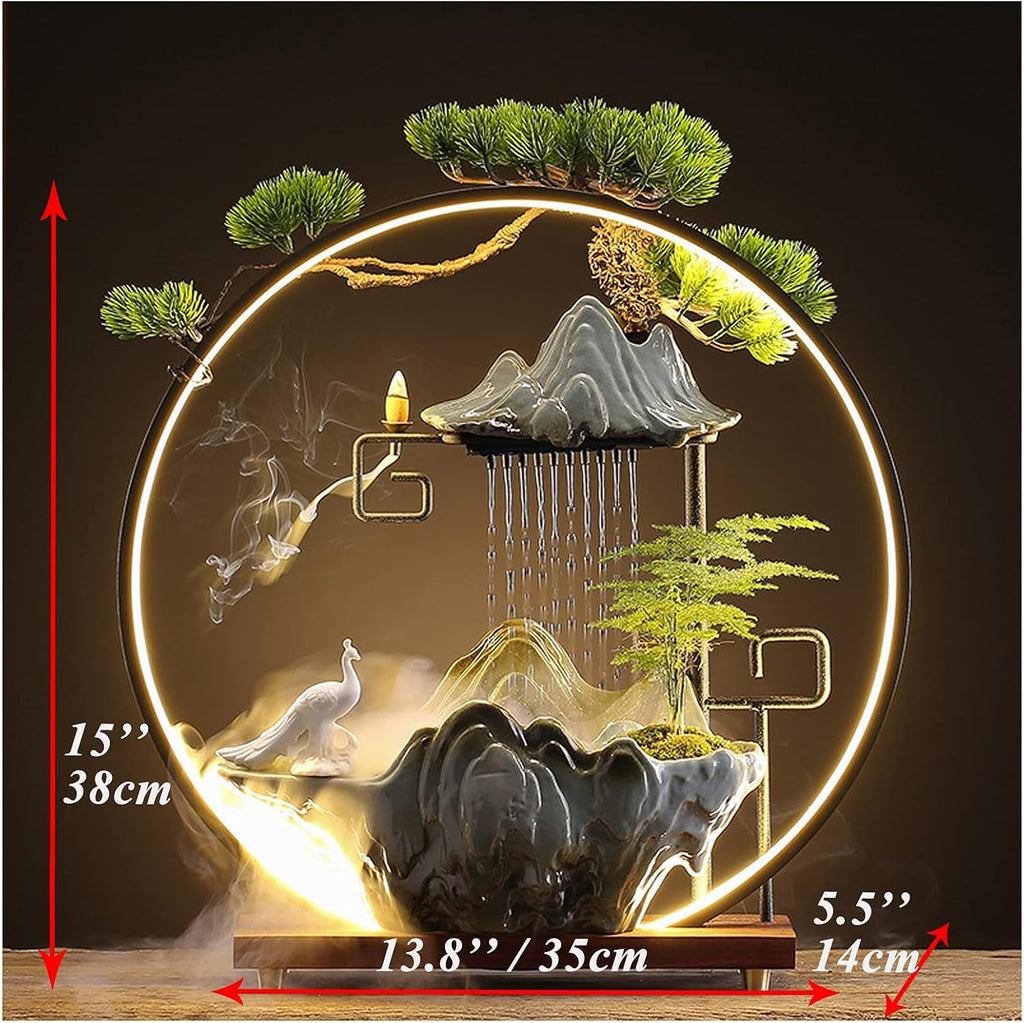 Peacock Tabletop Water Fountains Indoor Waterfall with Mist Zen Decor for Meditation Japanese Decor with Fake Plants Feng Shui Decoration for Good Luck Wealth
