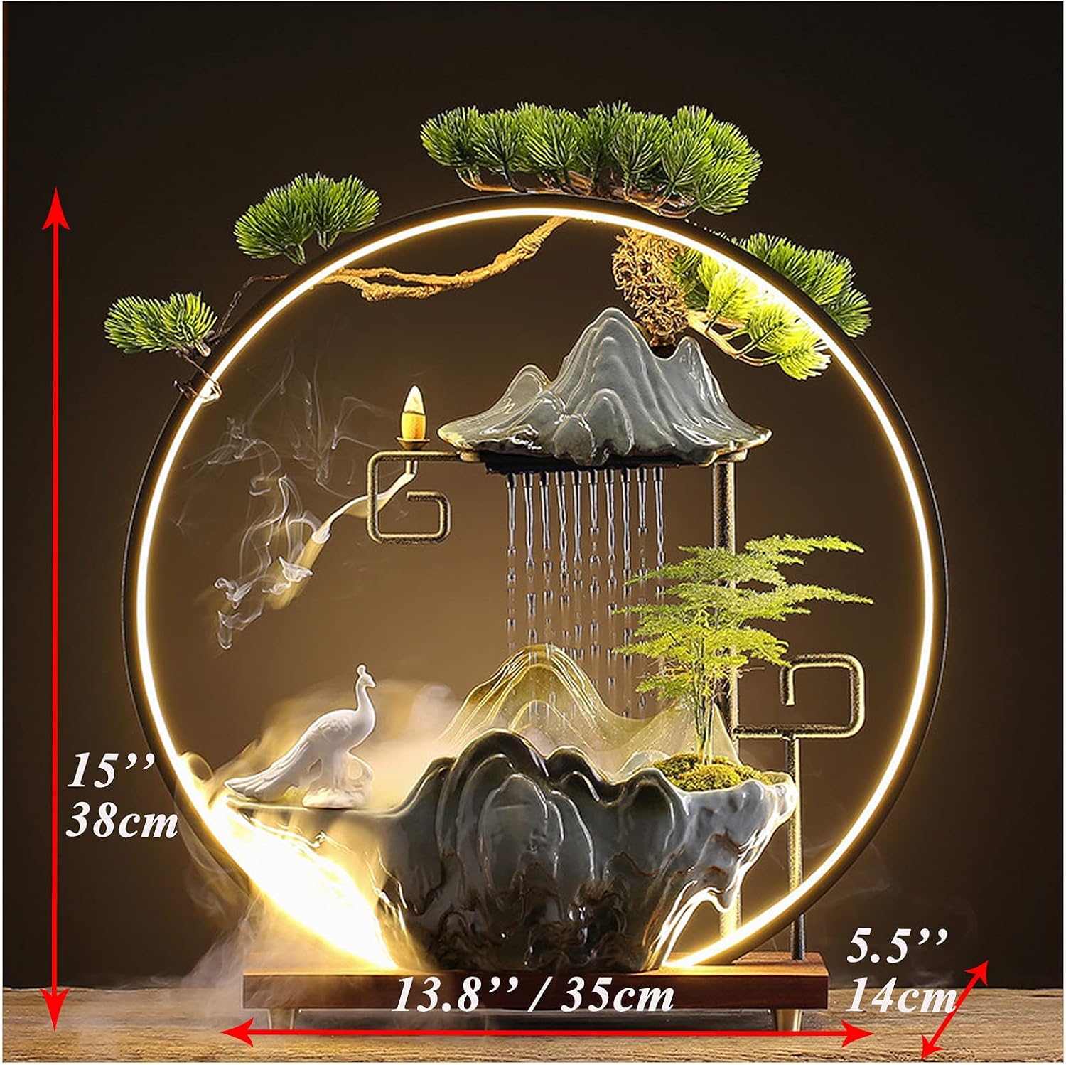 Peacock Tabletop Water Fountains Indoor Waterfall with Mist Zen Decor for Meditation Japanese Decor with Fake Plants Feng Shui Decoration for Good Luck Wealth