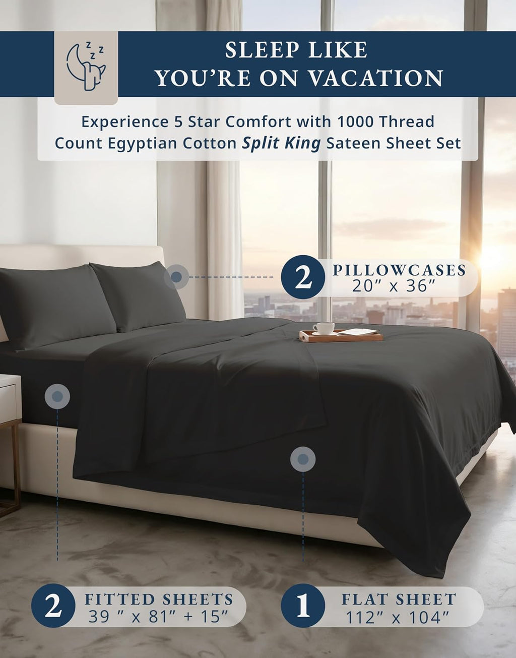 LANE LINEN 1000TC 100% Egyptian Cotton Split King Bed Sheets for Adjustable Beds - Fully Elasticized Reinforced Seams Extra Deep Pocket Split King Sheet, No Pill Fade Resistant Sheets- Black
