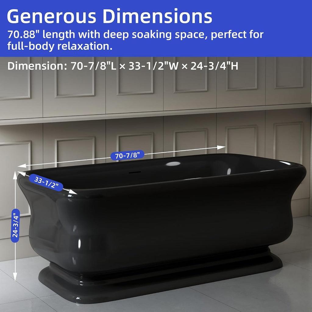 WOODBRIDGE 71 X 33.5 X 24.75' freestanding soaking bathtub with matte black drain included, Black WE006