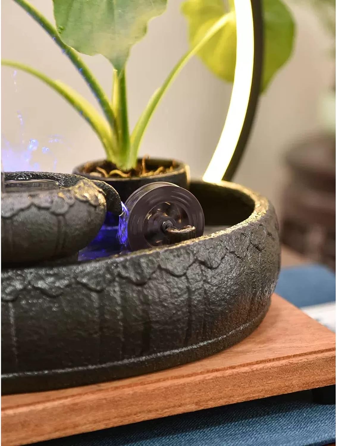 HIHELO Desktop Fountain Ceramic Desktop Fountain with Wood Base and LED Light Ring Indoor Ceramic Tabletop Fountain for Home Decoration Water Fountain Outdoor