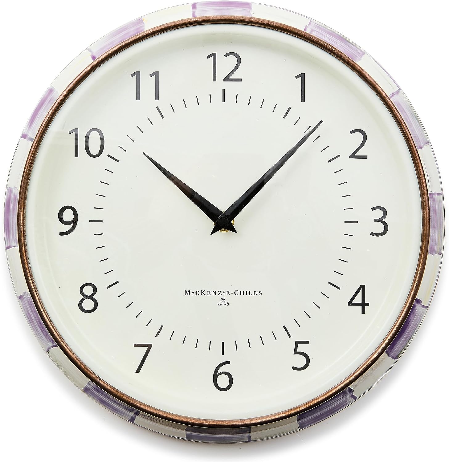 MACKENZIE-CHILDS Wall Clock, Decorative Enamel Clock for Kitchen and Living Room, Purple-and-White Violet Check