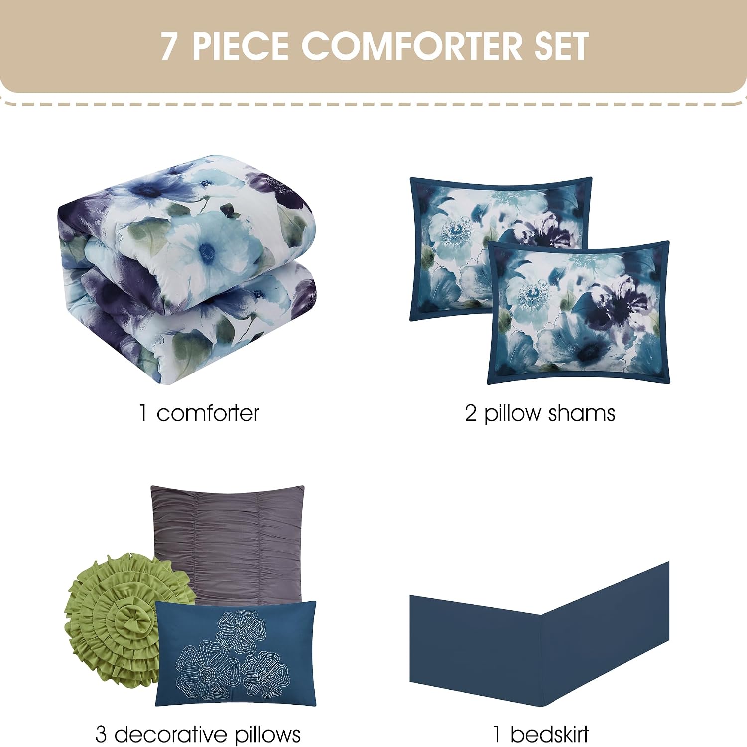 Grand Avenue Blue/Purple California King Comforter Set, 7 Piece, Ultra Soft, Premium Microfiber, Bedskirt, Pillows & Shams