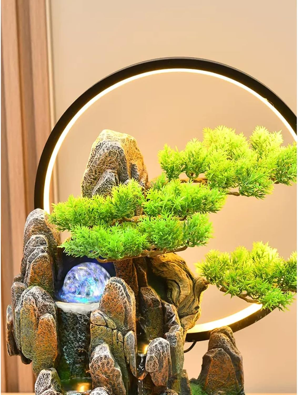 HIHELO Desktop Fountain Indoor Tabletop Fountain Resin Fountain Artificial Bonsai Trees and Stones Mountain Relaxing Waterfall Fountain Home Decoration Fountain Water Fountain Outdoor (Size : Large)