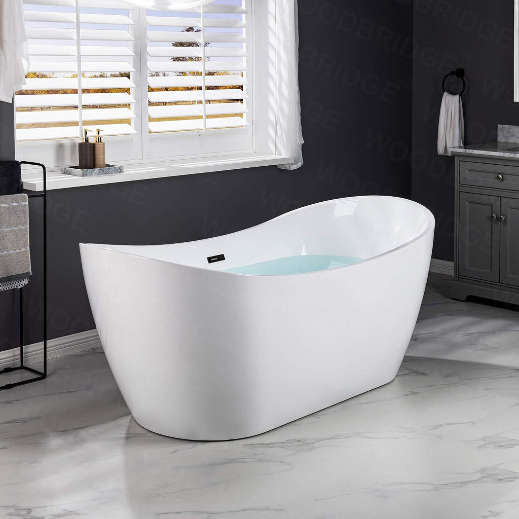 WOODBRIDGE 71'Freestanding White Acylic Soaking Bathtub with Matte Black Drain and Overflow,B0017 MB