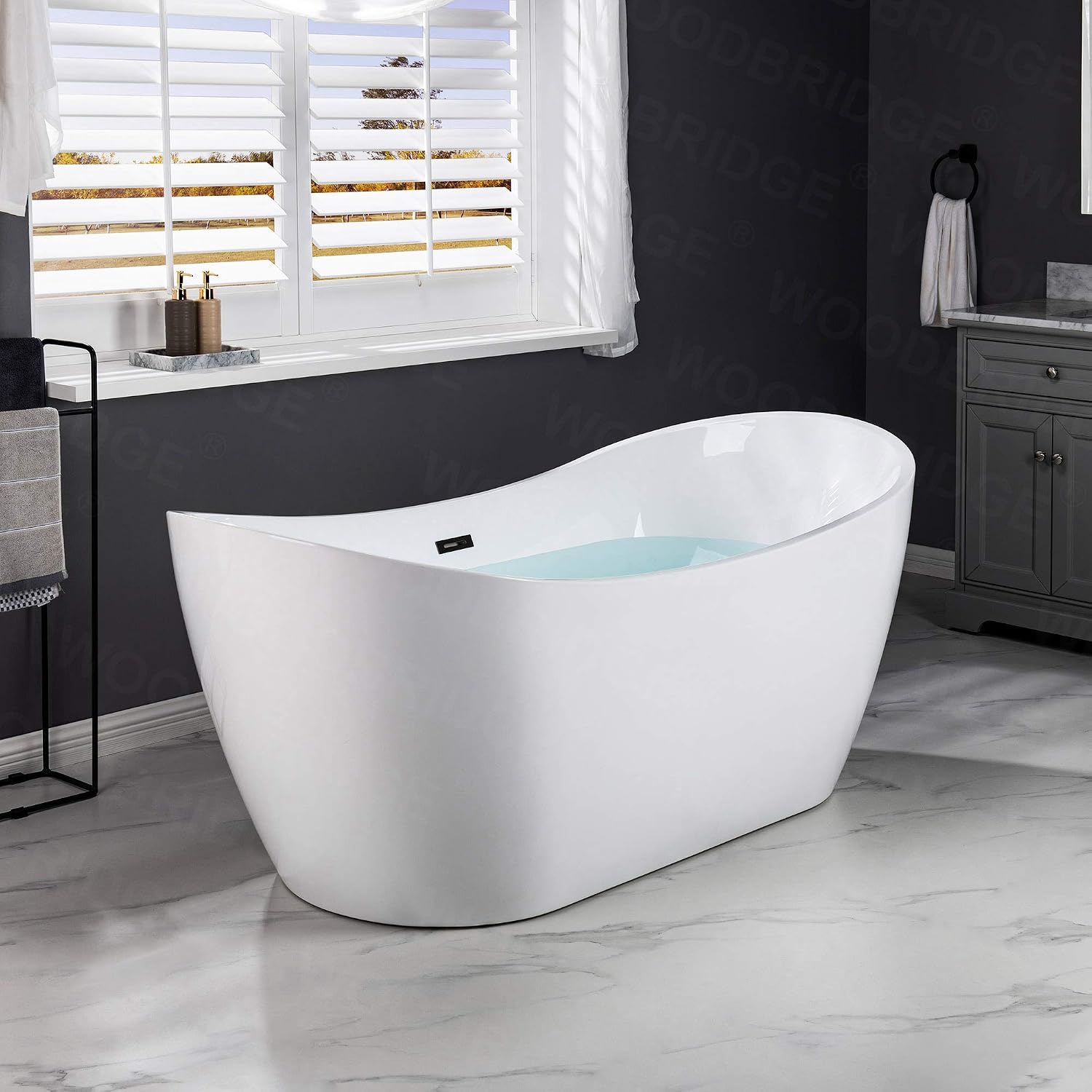 WOODBRIDGE 71'Freestanding White Acylic Soaking Bathtub with Matte Black Drain and Overflow,B0017 MB