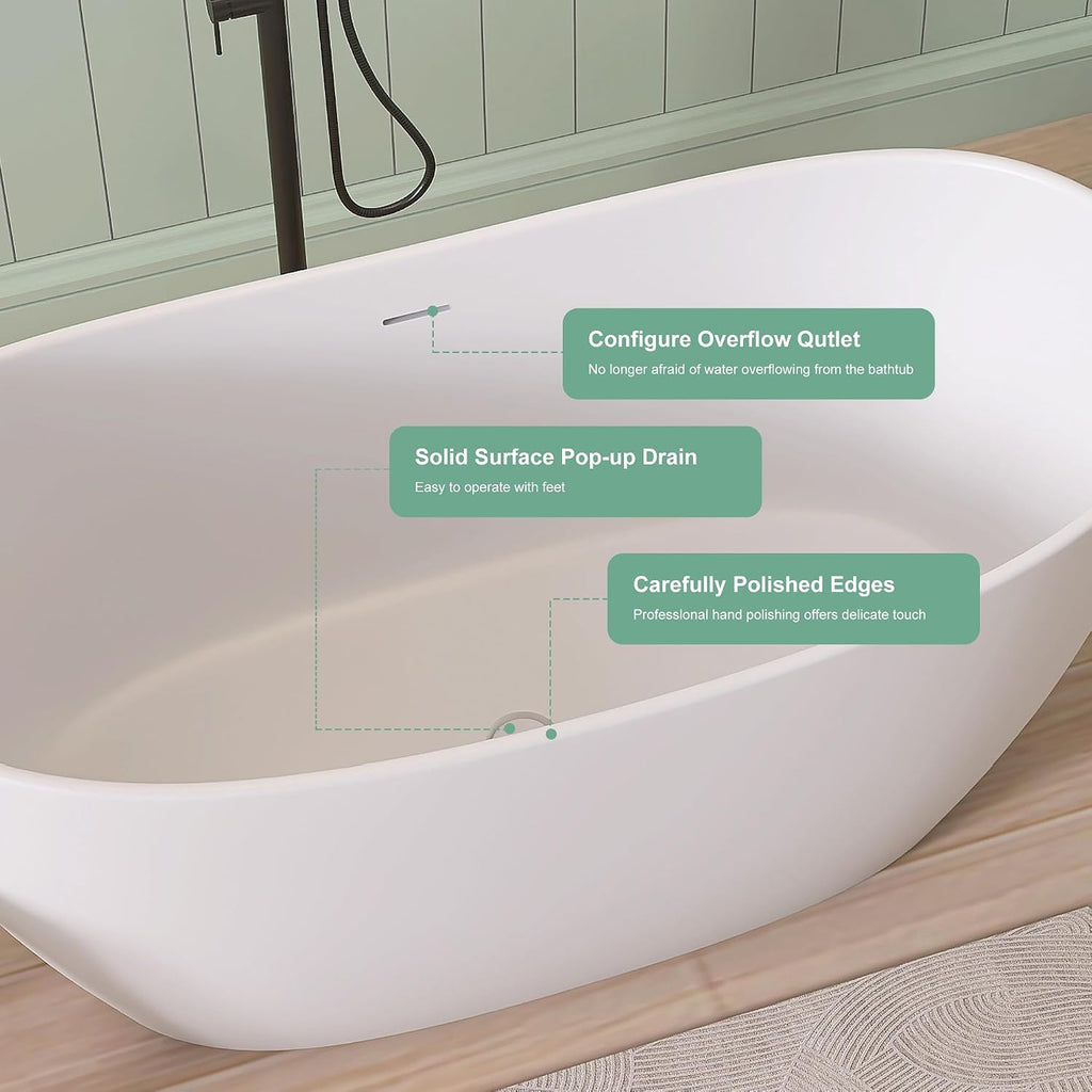SJ STAR&JANE 55' Solid Surface Freestanding Bathtub Stone Resin Tub Oval Double Slippers Stand Alone Soaking Tub with Pop-up Drain and Overflow, Matte White