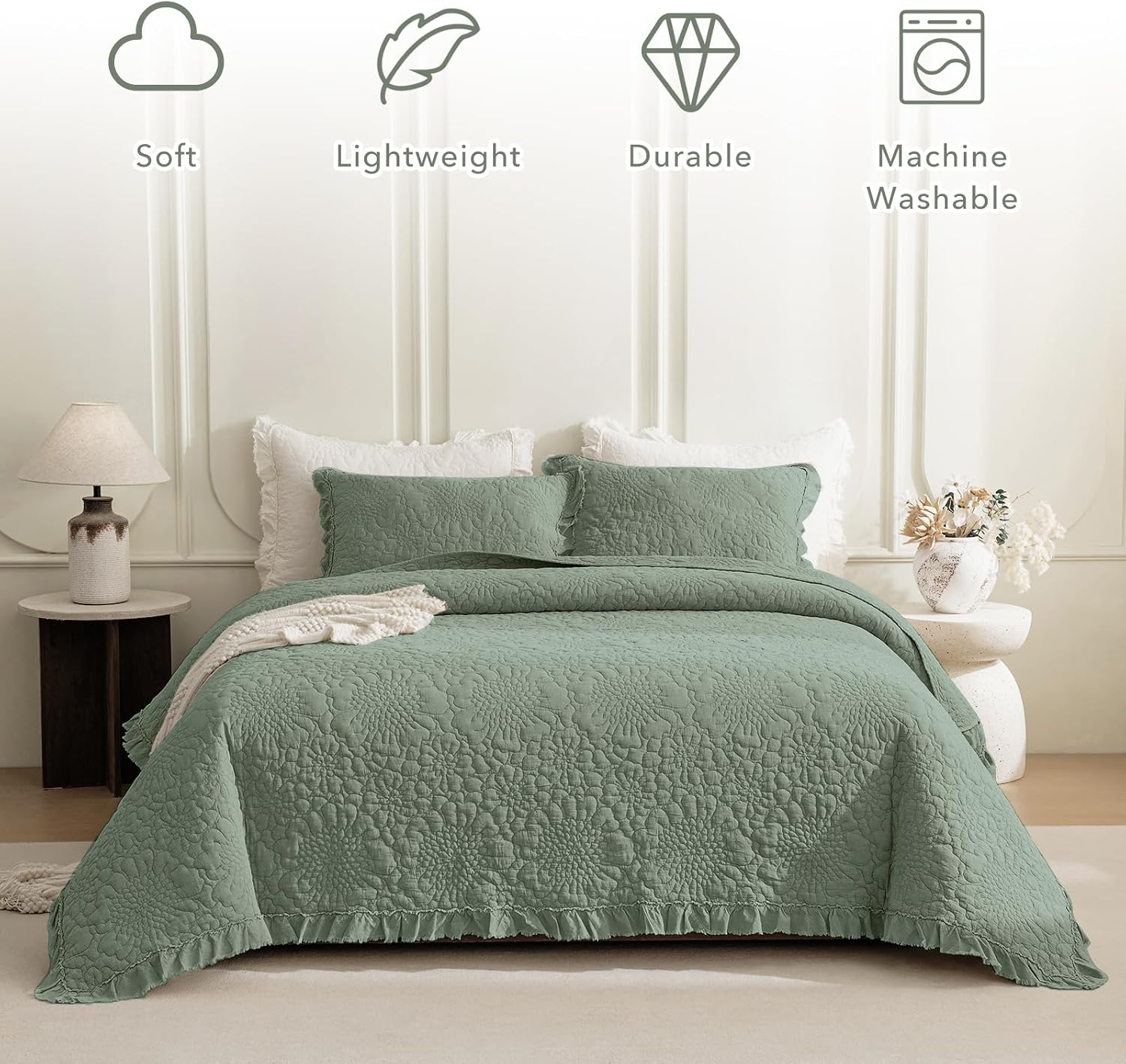 QSH 3PCs Stonewashed Cotton Quilt King (110'x98'),Olive Green Ruffle Quilt King Size Bedding Set,Ultra Lightweight Soft Crinkled Bedspread Coverlet King Shabby Farmhouse Chic Bedding for All Seasons