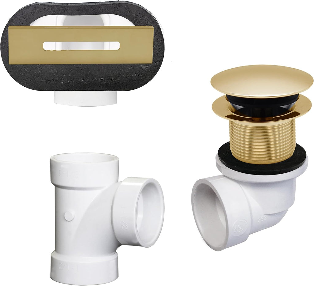 Westbrass D560RK-01 SCH. 40 PVC 1-1/2' Coarse Thread Plumber's Pack Tip-Toe Bathtub Drain Plug with Linear Overflow Faceplate, Tee & Elbows, Polished Brass (20-Pack)