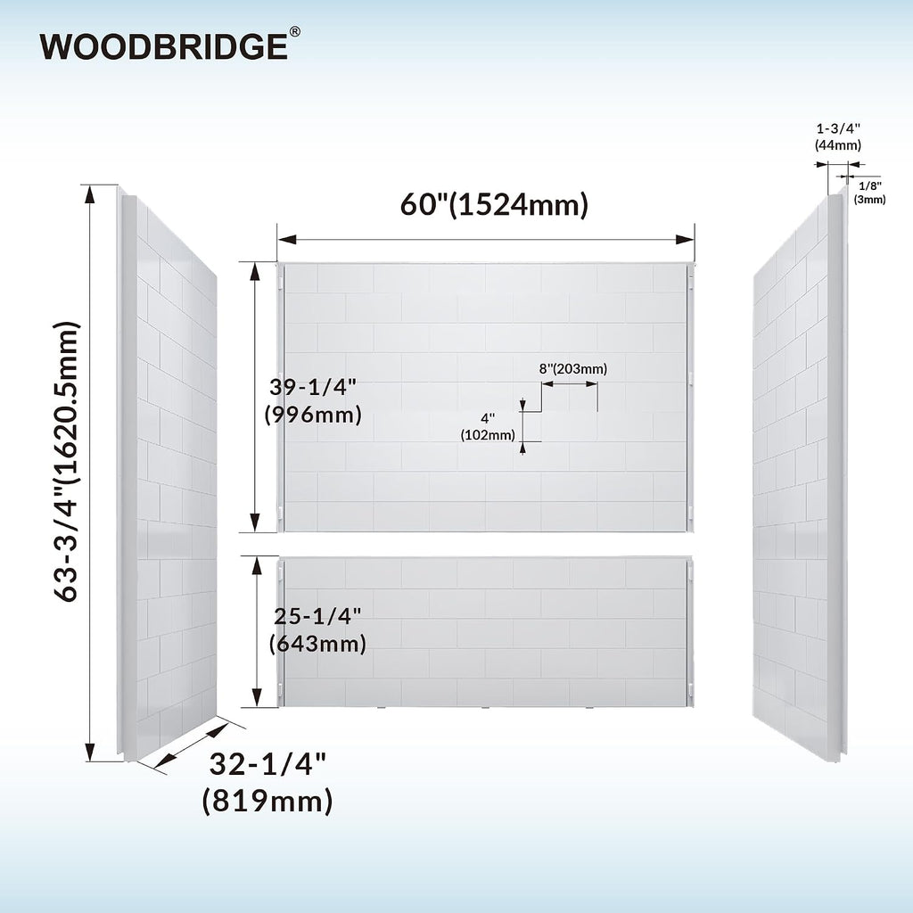 WOODBRIDGE 60 in. W x 32 in. D x 64 in. H 4-Piece Alcove Tub Wall Kit with Staggered Brick Pattern,Gloss White Finish