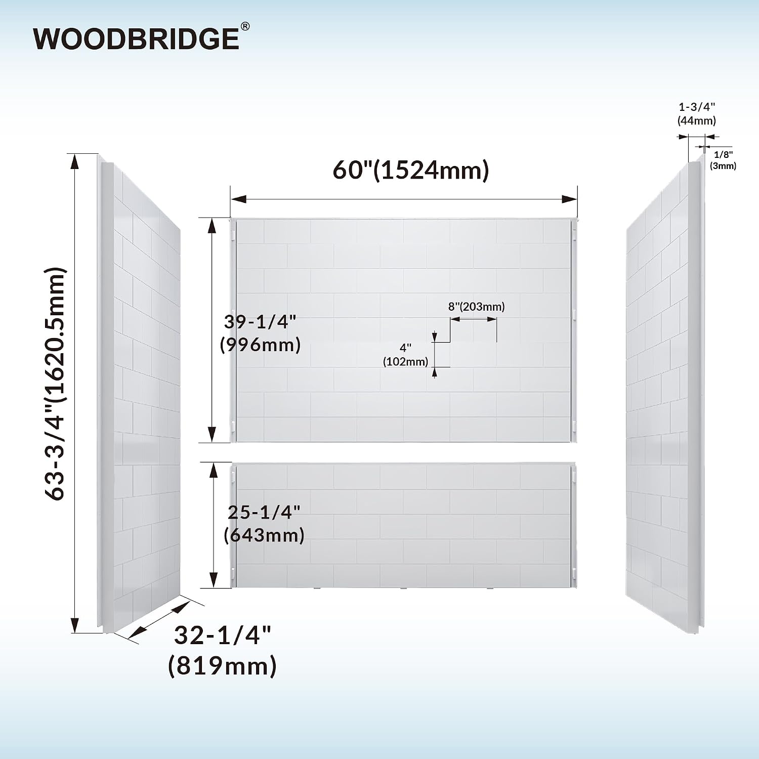 WOODBRIDGE 60 in. W x 32 in. D x 64 in. H 4-Piece Alcove Tub Wall Kit with Staggered Brick Pattern,Gloss White Finish