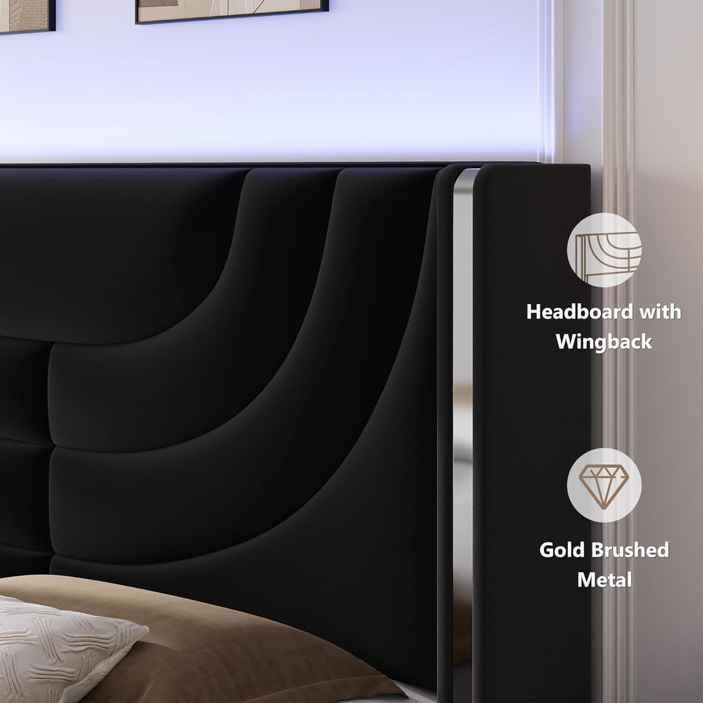 HITHOS Full Upholstered LED Bed Frame with 2 Storage Drawers, Velvet Platform Bed with Wingback Headboard, Solid Wooden Slats Support, No Box Spring Needed, Headboard Splicing Design, Black