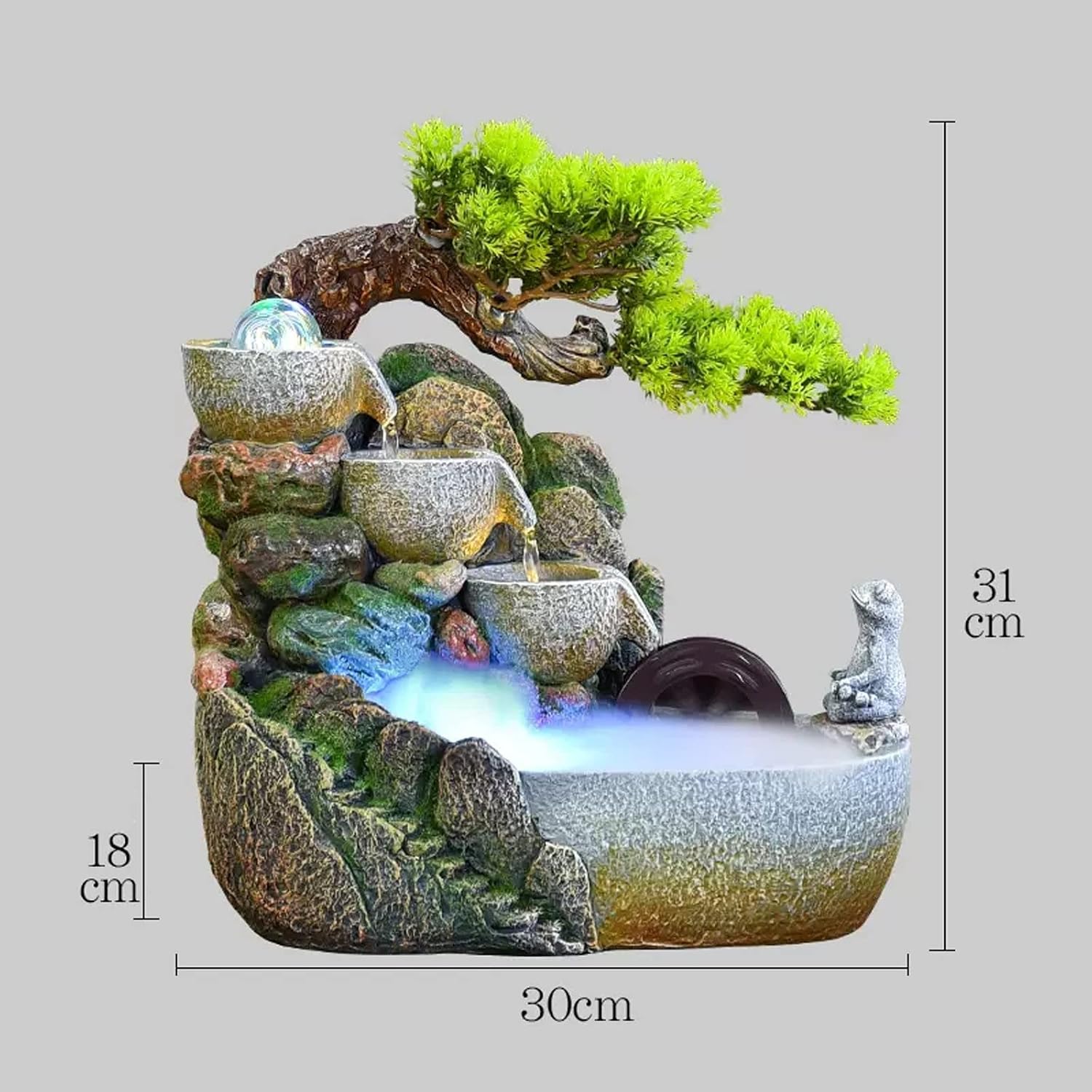 HIHELO Desktop Fountain Indoor Tabletop Fountain Waterfall Zen Meditation Indoor Waterfall Function with Automatic Pump Artificial Tree and Lighting Waterfall Water Fountain Outdoor (Size : Small)