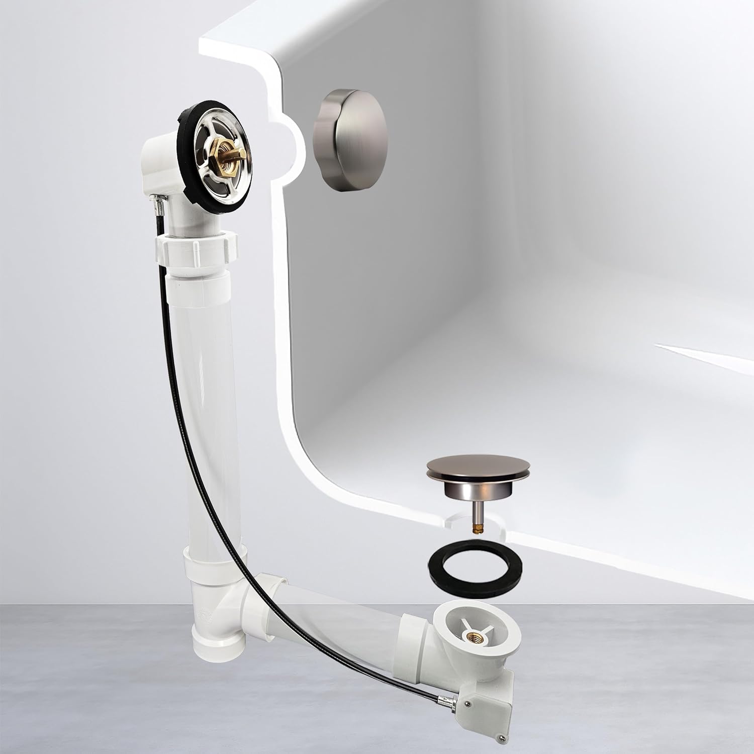 Westbrass A50P35BJ-20 1-1/2' Sch. 40 PVC 35' Cable Driven Bath Waste Kit with Ball Joint Head and Brass Trim Drain Kit, Stainless Steel