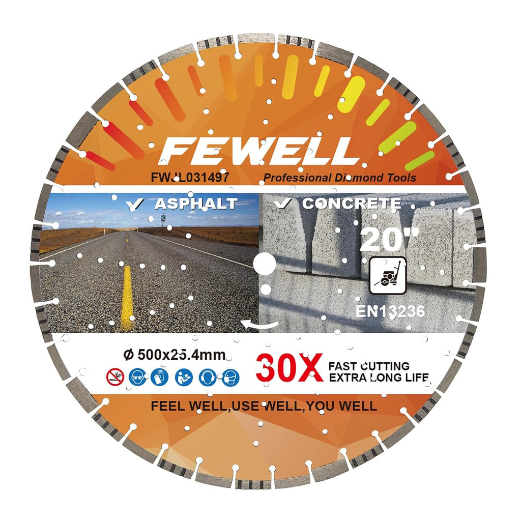 FEWELL 20' Concrete Diamond Saw Blade,Asphalt Diamond Blade Multi-Purpose for Cutting Hard Reinforced Concrete Asphalt Masonry Stone Terrazzo, Laser-Welded Segmented, 1'-20mm Arbor