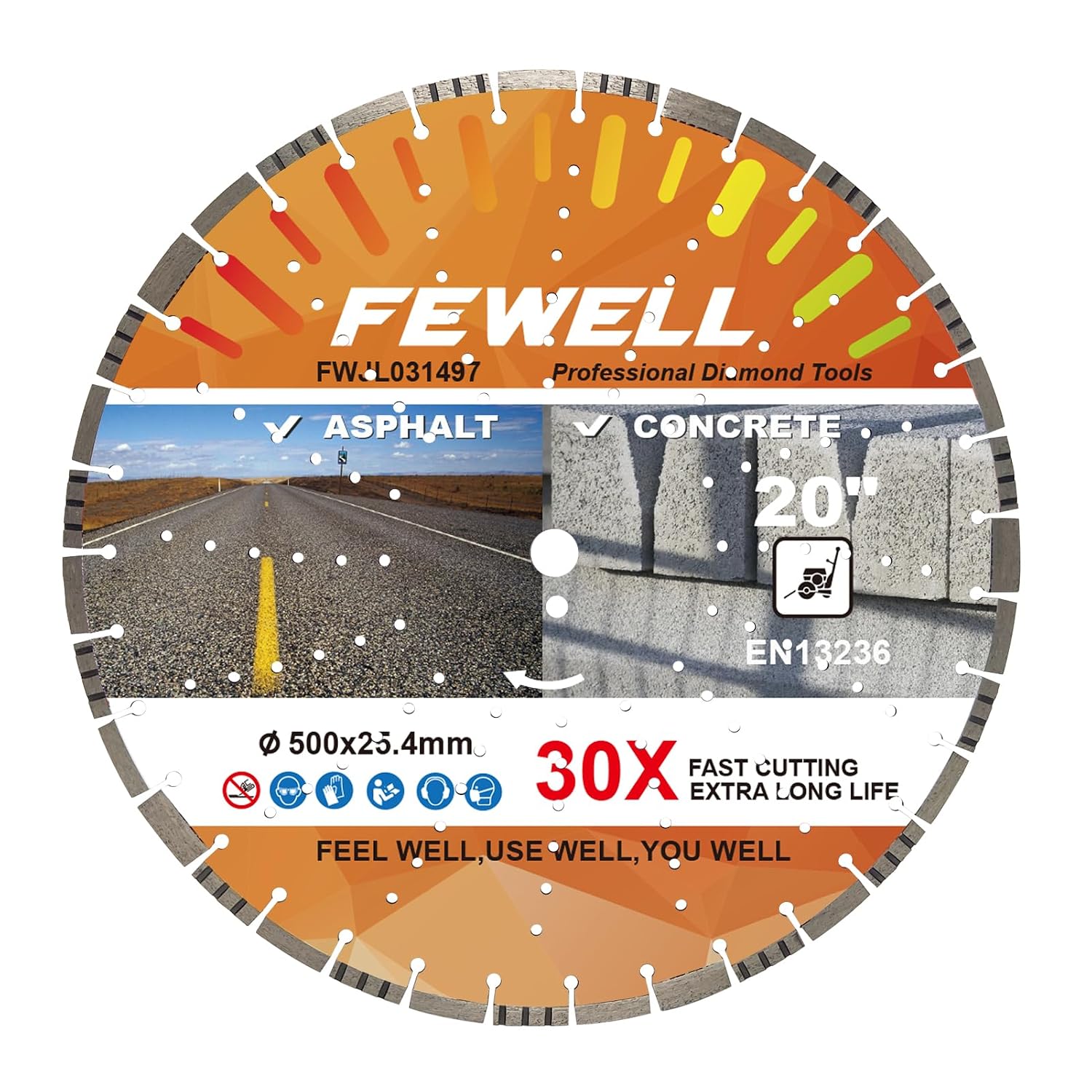 FEWELL 20' Concrete Diamond Saw Blade,Asphalt Diamond Blade Multi-Purpose for Cutting Hard Reinforced Concrete Asphalt Masonry Stone Terrazzo, Laser-Welded Segmented, 1'-20mm Arbor