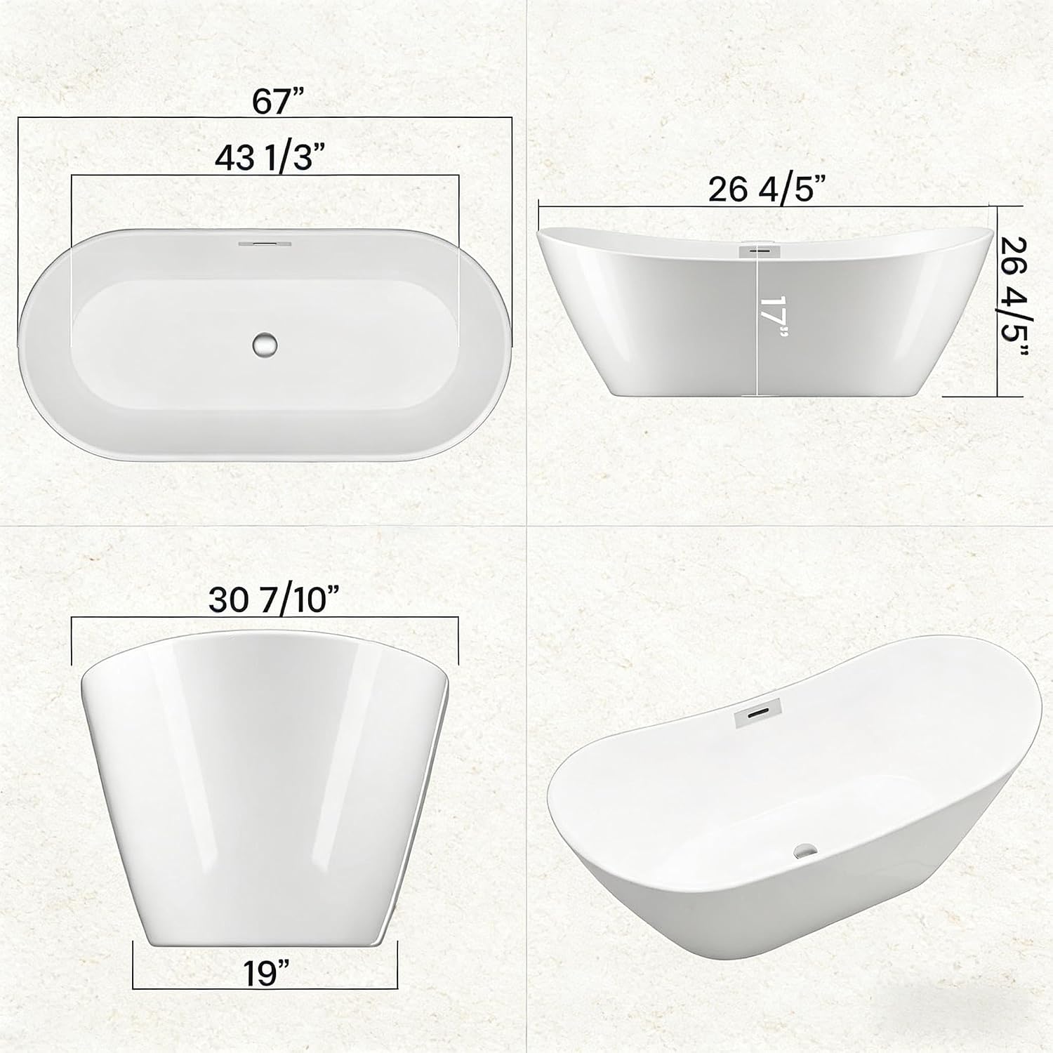 67'' Freestanding Bathtub, Acrylic, Deep Soaking Tub with Non-Slip Surface, Modern Free Standing Bath Tub, Chrome Drain, cUPC Certified, Easy Install, Space-Saving Bathtub for Bathrooms, White