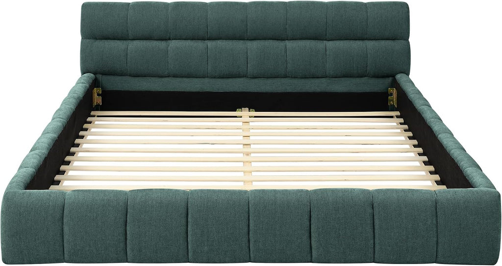 extrasleep Queen Size Soft Cloud Bed Frame, Chenille Upholstered Platform Beds with Thick Headboard, Queen Floor Bed with Solid Wood Frame, No Box Spring Needed, Easy Assembly, Green