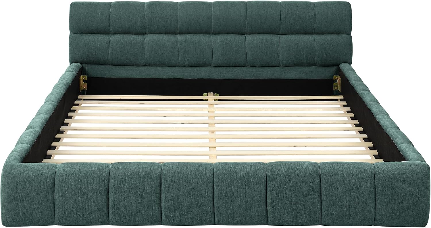 extrasleep Queen Size Soft Cloud Bed Frame, Chenille Upholstered Platform Beds with Thick Headboard, Queen Floor Bed with Solid Wood Frame, No Box Spring Needed, Easy Assembly, Green