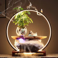 Tabletop Fountain with LED Light, Cwaterfall for Desk with Solid Wood Base & Water Storage Basin, Chinese Zen-Inspired Flowing Water Ornament for Office Living Room(B)