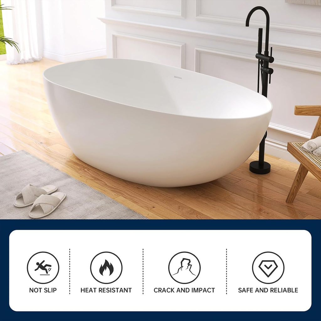 67' Stone Resin Freestanding Bathtub, Oval Solid Surface Bathroom Freestanding Tub, Thin Edge Stand Alone Tub with Integrated Slotted Overflow and Pop-up Drain, Matte White 302-170