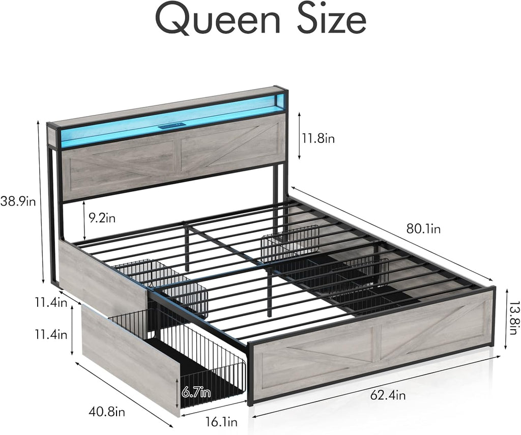 Halitaa LED Queen Size Bed Frame with Charging Station & 4 Drawers, Platform Metal Bed with Headboard USB Ports Outlets, Farmhouse Bed Frame with LED Lights, Noise Free, Wash Grey (Queen)