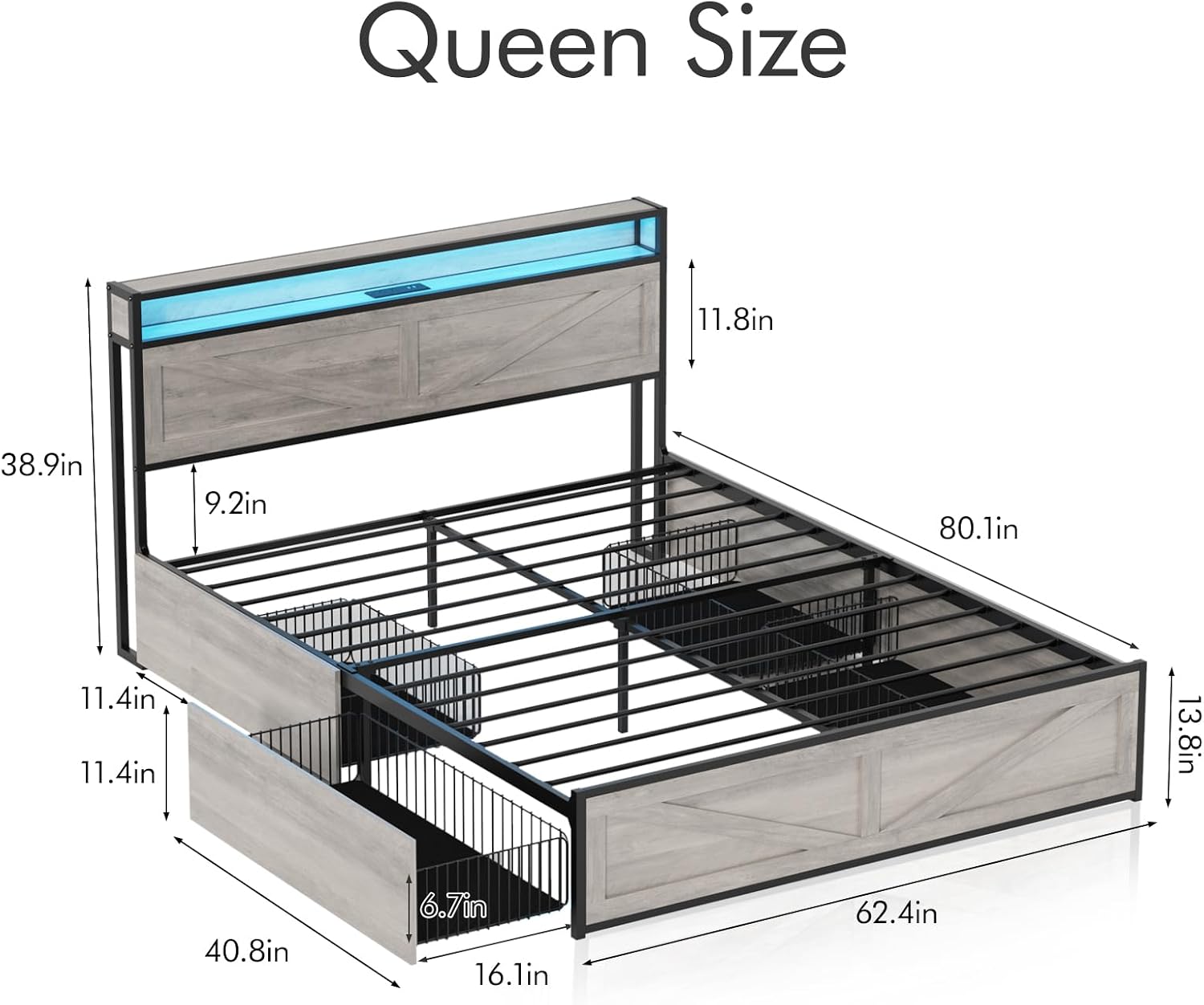 Halitaa LED Queen Size Bed Frame with Charging Station & 4 Drawers, Platform Metal Bed with Headboard USB Ports Outlets, Farmhouse Bed Frame with LED Lights, Noise Free, Wash Grey (Queen)