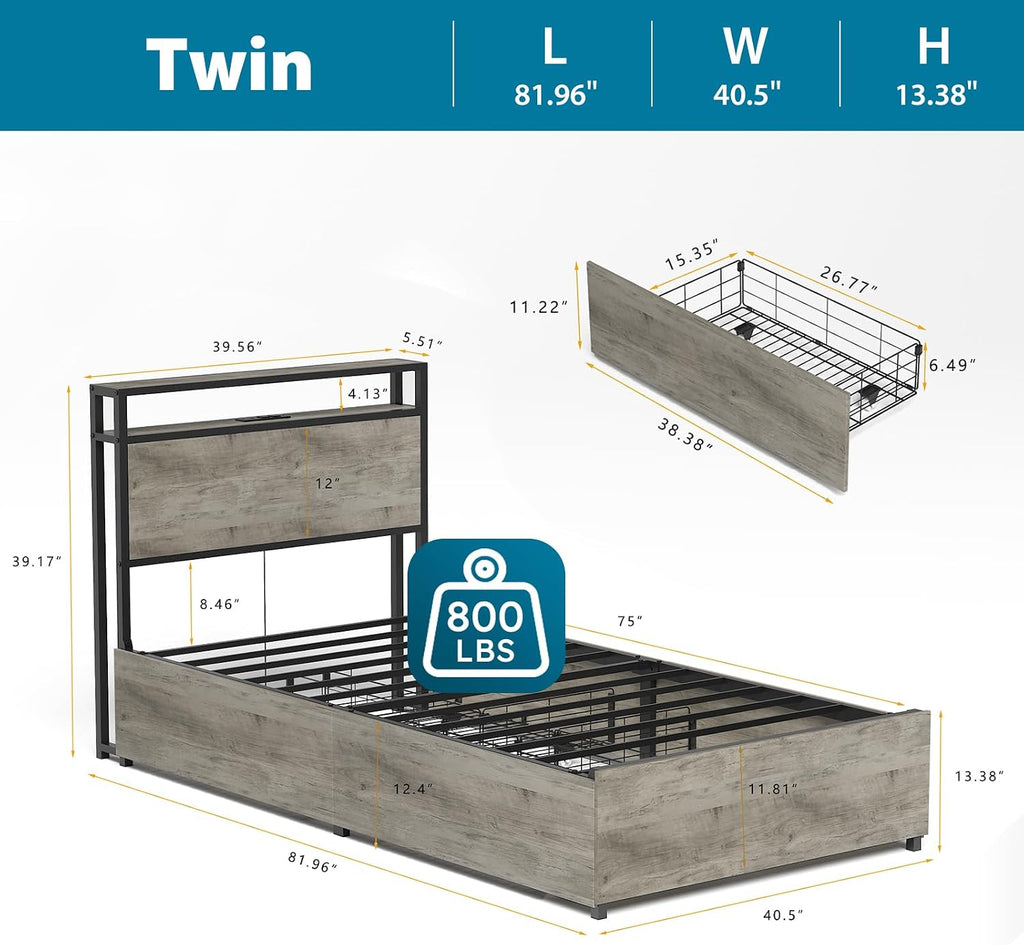 Kiivakii Twin Size Bed Frame with 4 Drawers, LED Platform Bed with Storage Headboard, Built in Charging Station, Noise-Free, Metal Support Base, No Box Spring Needed, Gray