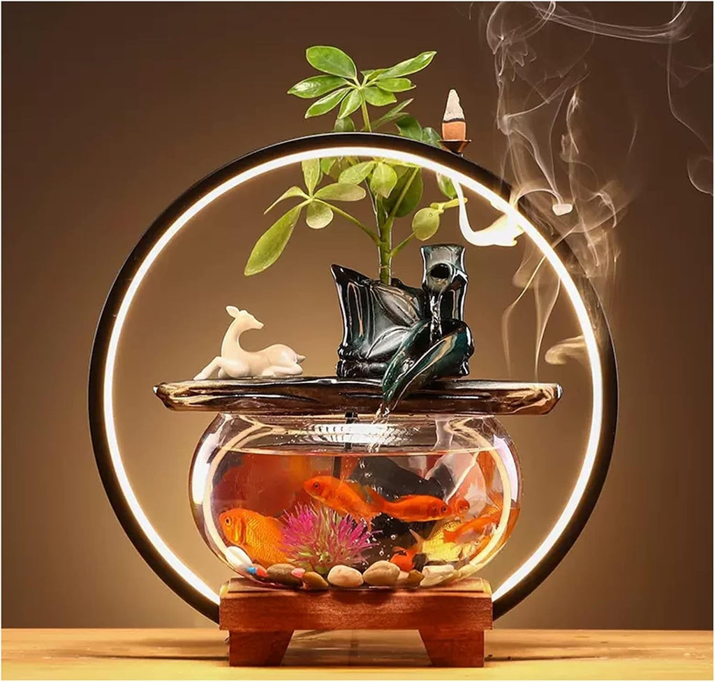HIHELO Desktop Fountain Indoor Relax Tabletop Fountain with Glass Fish Tank, Wooden Base and LED Lights, Indoor Zen Tabletop Relax Water Feature Water Fountain Outdoor (Color : F)