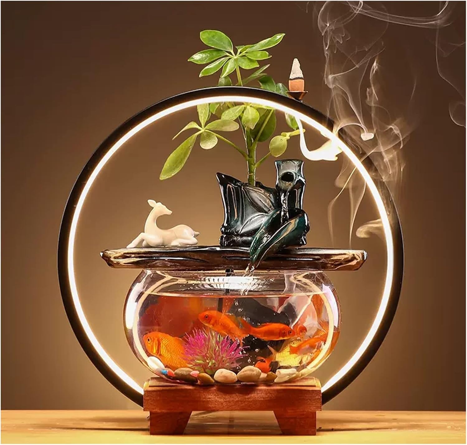 HIHELO Desktop Fountain Indoor Relax Tabletop Fountain with Glass Fish Tank, Wooden Base and LED Lights, Indoor Zen Tabletop Relax Water Feature Water Fountain Outdoor (Color : F)