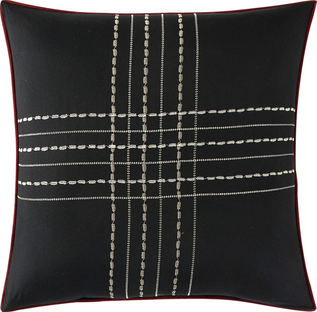 Grand Avenue Black Red Comforter Set Queen Size, 7 Piece Jaquard and Clip Soft Bedding Set, All Season, Matching Shams, Bedskirt, Decorative Pillows