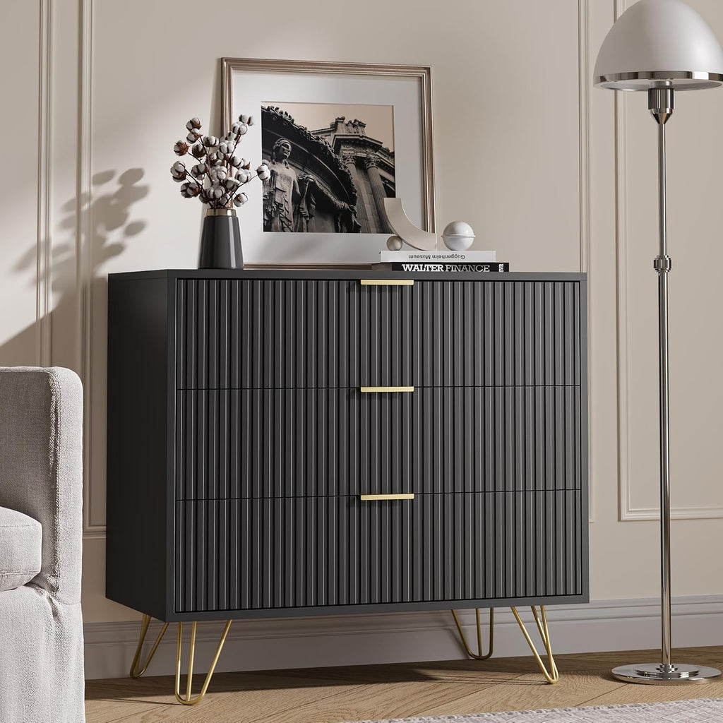 MAISONARIA 3-Piece Dresser Bedroom Set, 6 Drawer Dresser & 3 Drawer Nightstands with Gold Handles, Fluted Wood Chest of Drawers for Bedroom, Living Room, Entryway, Black