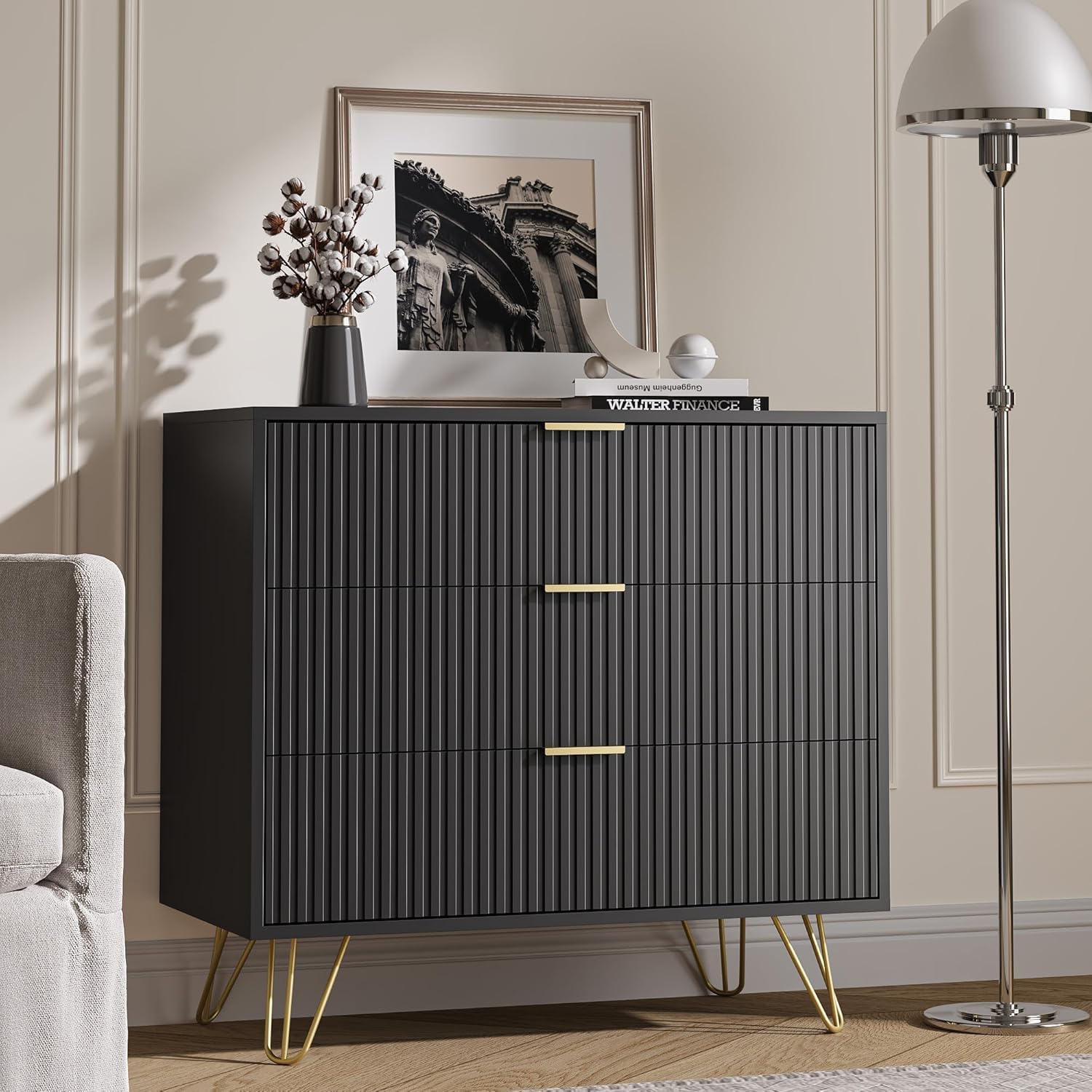MAISONARIA 3-Piece Dresser Bedroom Set, 6 Drawer Dresser & 3 Drawer Nightstands with Gold Handles, Fluted Wood Chest of Drawers for Bedroom, Living Room, Entryway, Black