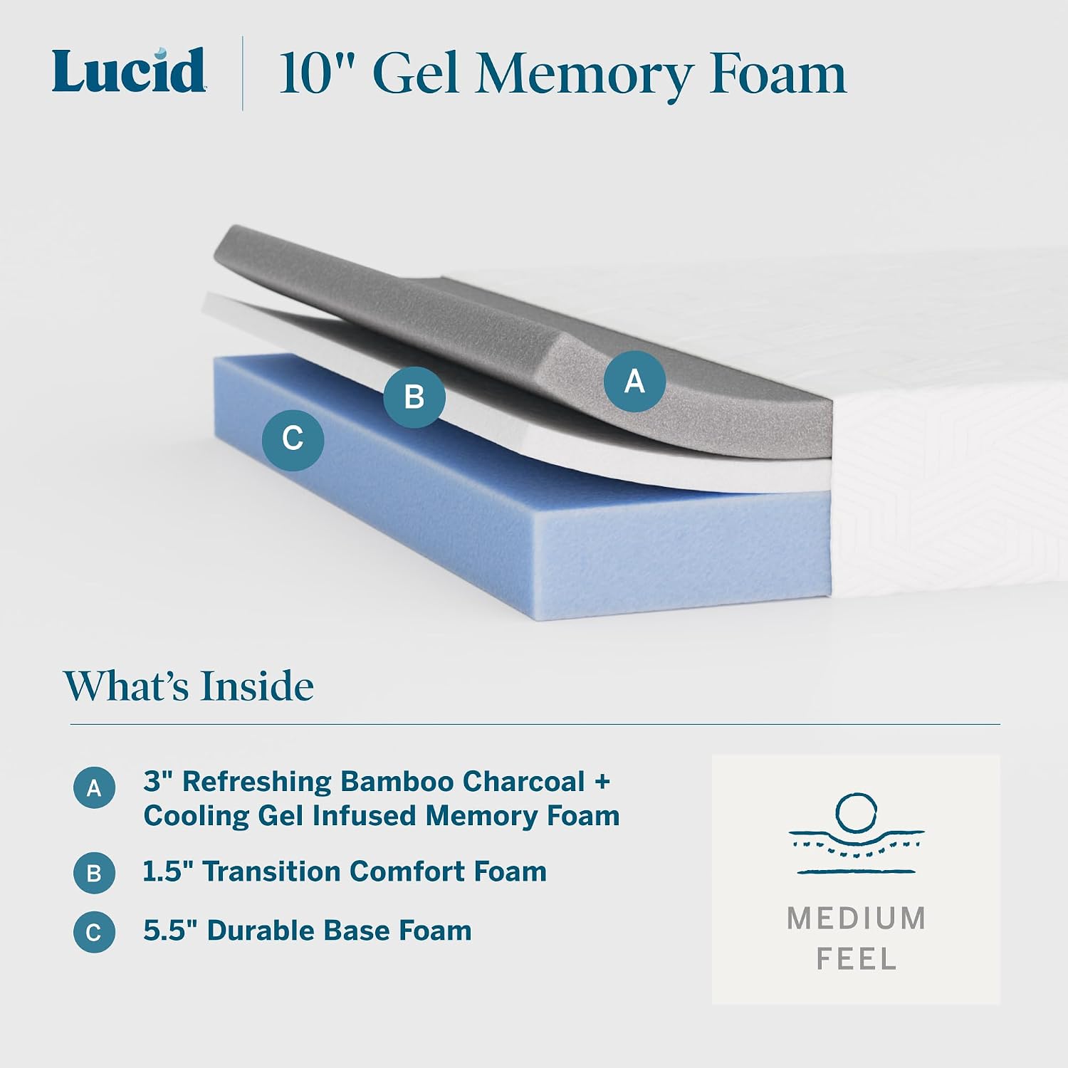 Lucid 10 Inch Memory Foam Mattress - Medium Feel - Infused with Refreshing Bamboo Charcoal and Cooling Gel - Bed in a Box - Temperature Regulating - Pressure Relief - Breathable - Full XL Size