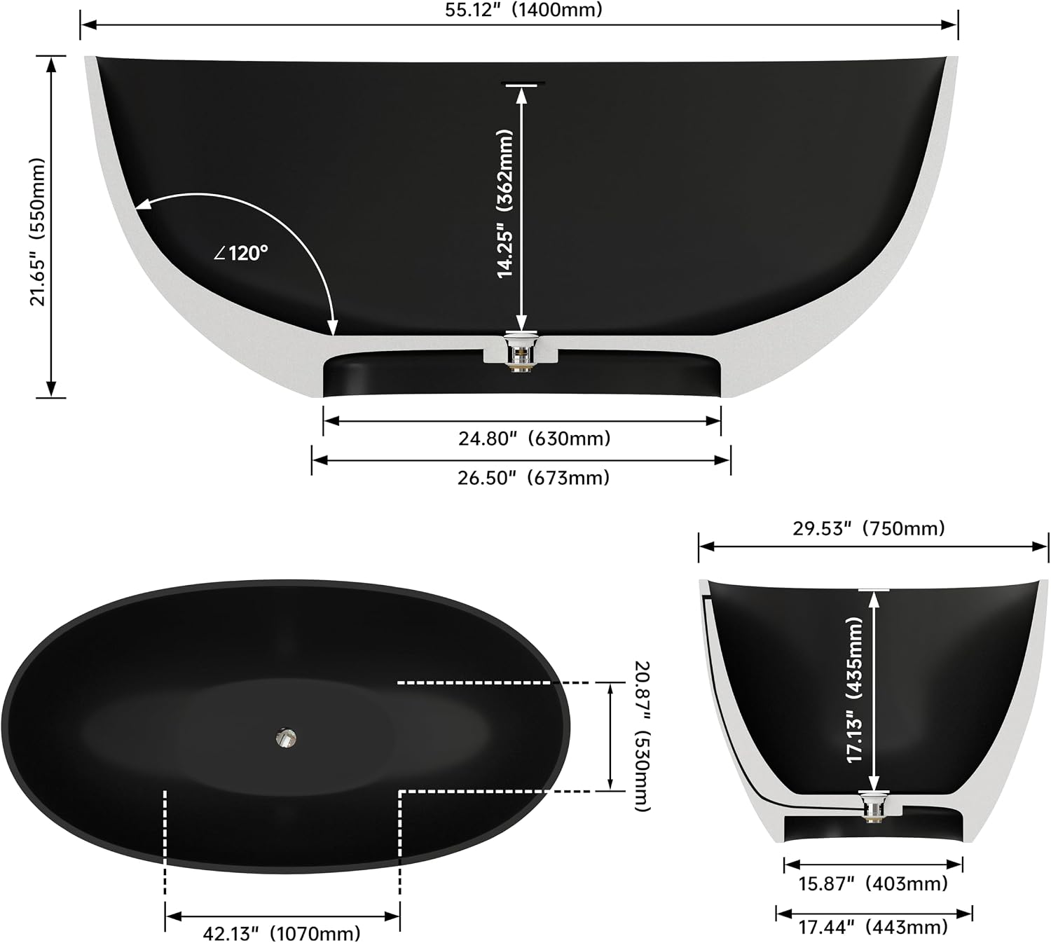 55'' Resin Stone Freestanding Bathtub, Matte Black Soaking Tub Solid Surface Modern Tubs with Overflow and Pop-up Drain in