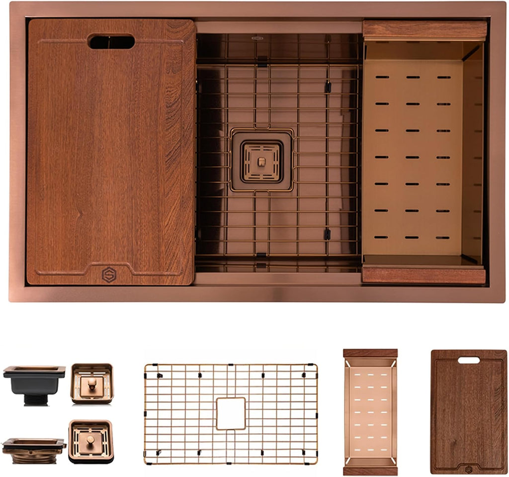 Strictly Sinks Undermount Workstation Copper Kitchen Sink –32 Inch 16 Gauge Single Bowl Kitchen Sink with Bottom Grid, Wooden Cutting Board, Colander, 1 Garbage Disposal Adapter, & 1 Strainer Drain